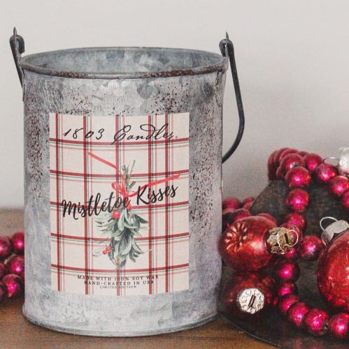 20oz. Tin Bucket Candle-Mistletoe Kisses Plaid Label
